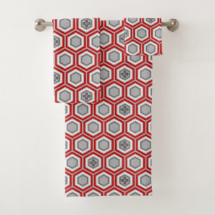 Hexagonal Kimono Print, Red and Gray / Grey Bath Towel Set