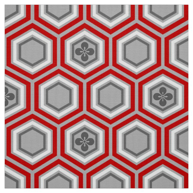Hexagonal Kimono Print, Red and Grey / Grey Fabric (Swatch)