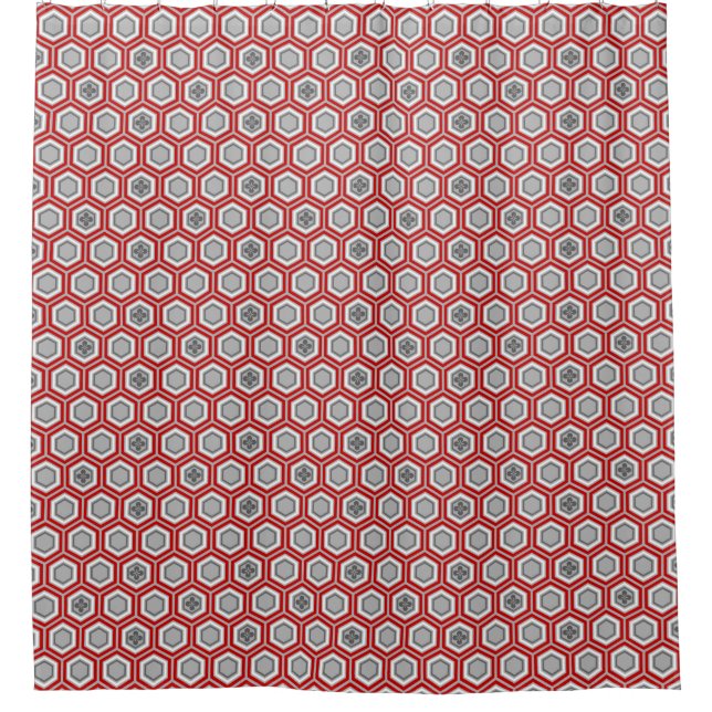 Hexagonal Kimono Print, Red and Grey / Grey Shower Curtain (Front)