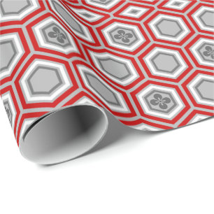 Hexagonal Kimono Print, Red and Grey / Grey Wrapping Paper