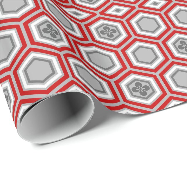 Hexagonal Kimono Print, Red and Grey / Grey Wrapping Paper (Roll Corner)