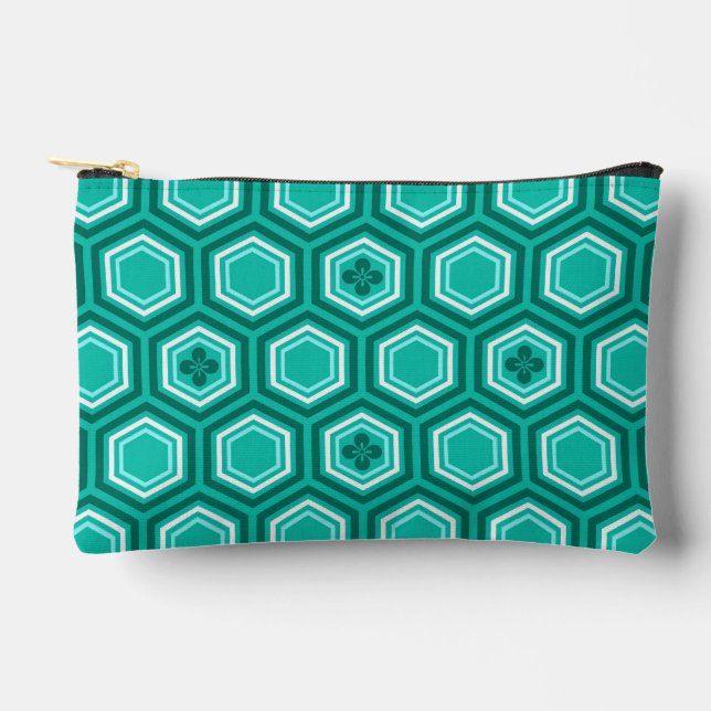 Hexagonal Kimono Print, Teal, Aqua and White Accessory Pouch (Front)