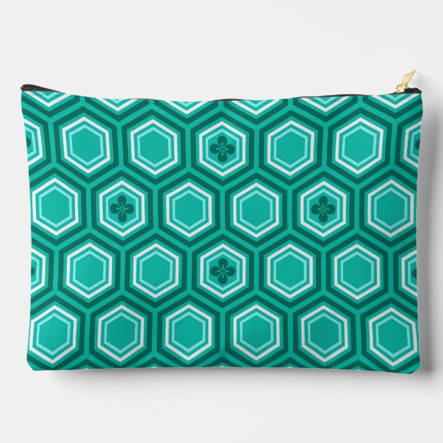 Hexagonal Kimono Print, Teal, Aqua and White Accessory Pouch (Back)