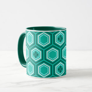 Hexagonal Kimono Print, Teal, Aqua and White Mug