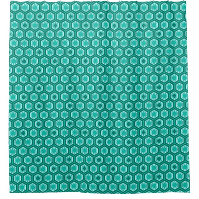 Hexagonal Kimono Print, Teal, Aqua and White Shower Curtain (Front)