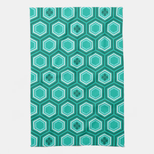 Hexagonal Kimono Print, Teal, Aqua and White Tea Towel