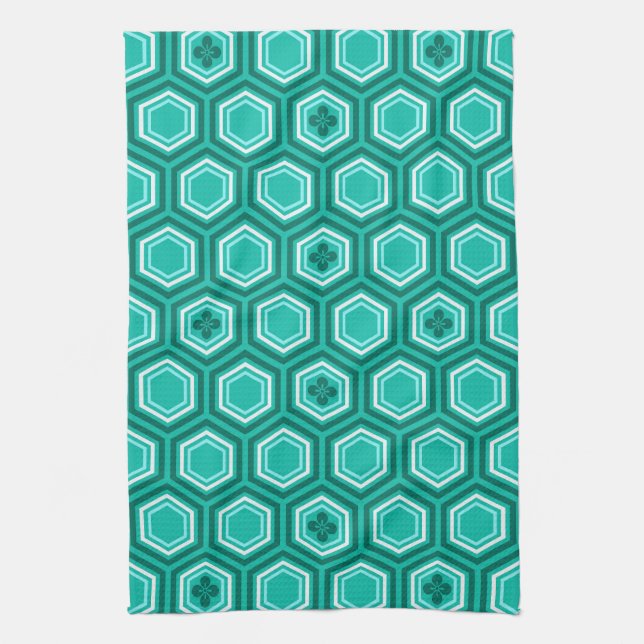 Hexagonal Kimono Print, Teal, Aqua and White Tea Towel (Vertical)