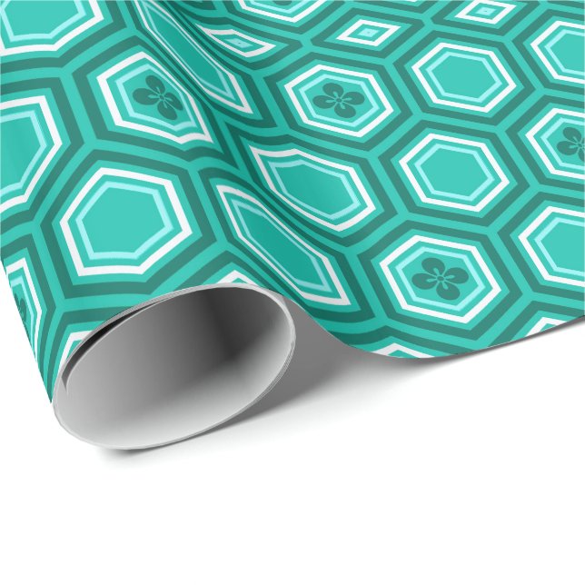 Hexagonal Kimono Print, Teal, Aqua and White Wrapping Paper (Roll Corner)