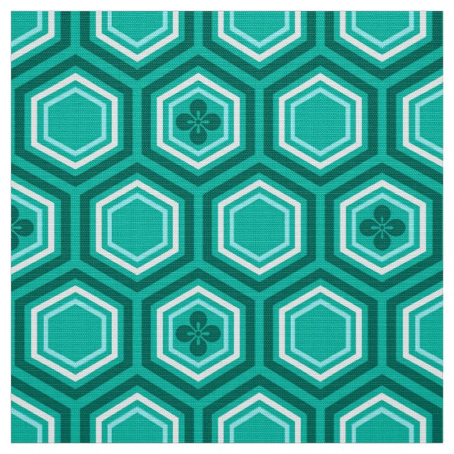 Hexagonal Kimono Print, Turquoise and White Fabric (Swatch)