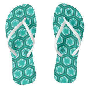 Hexagonal Kimono Print, Turquoise and White Flip Flops