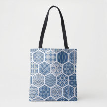 Hexagonal Pattern Tote in Blue & Grey