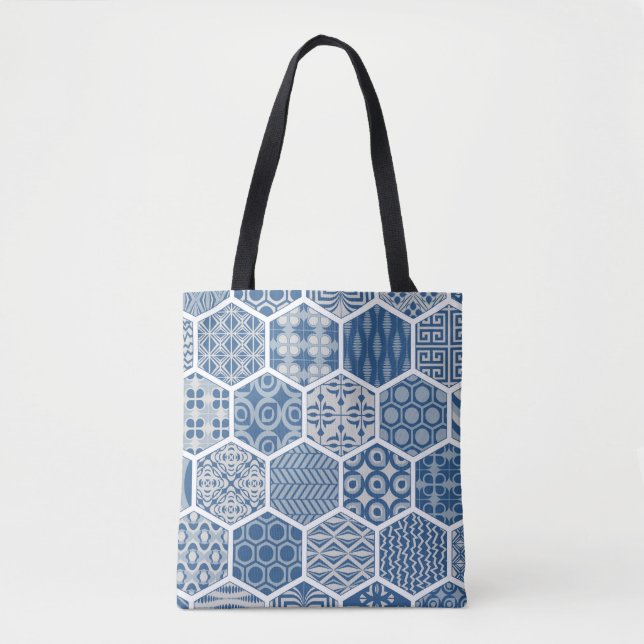 Hexagonal Pattern Tote in Blue & Grey Bag (Front)