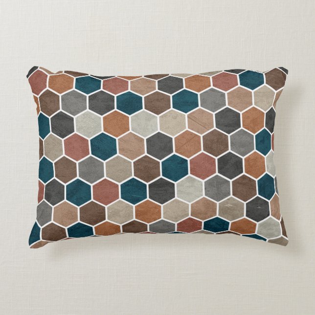 Hexagonal Textured Pattern Blue Brown Grey Decorative Cushion (Front)
