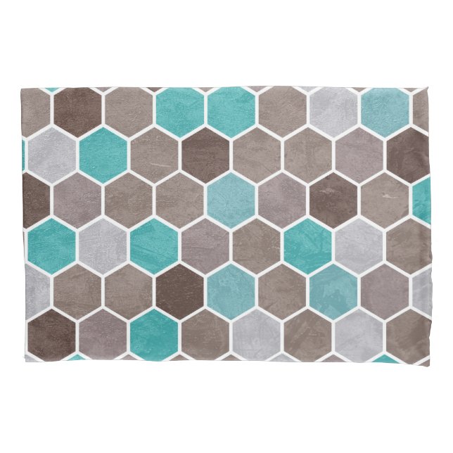 Hexagonal Textured Pattern Blue Brown Pillowcase (Front)