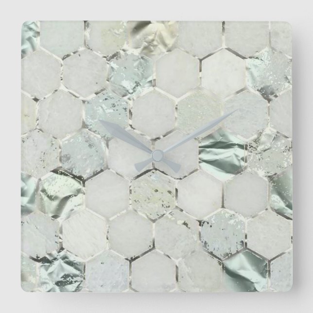 Hexagone Aqua Mint Metallic Marble Honecom Square Wall Clock (Front)