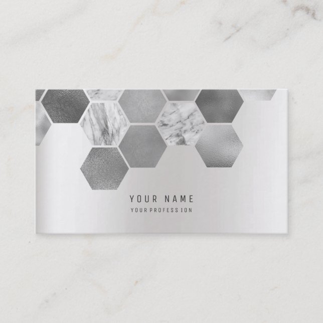 Hexagone Geometical Metallic Marble Silver Gray Business Card (Front)