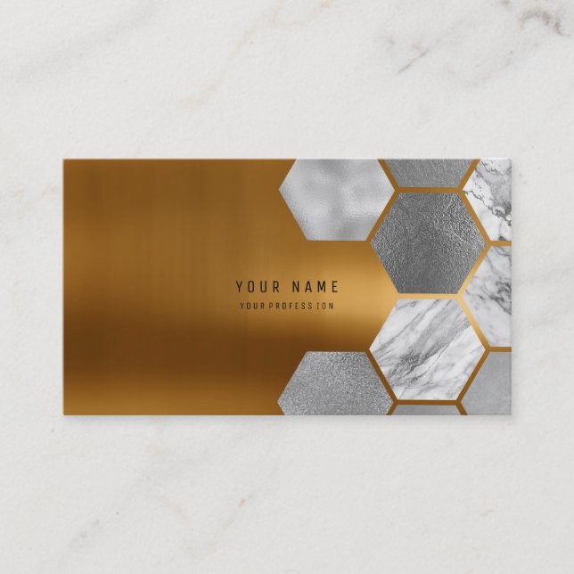 Hexagone Gold Metallic Steel Marble White Gray Business Card (Front)
