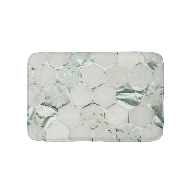 Hexagone Mint Green Aqua Marble Metallic Bath Mat (Front)