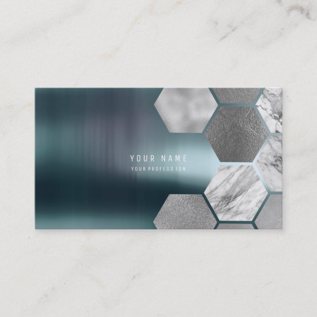 Hexagone Teal Metallic Steel Marble Silver Gray Business Card (Front)