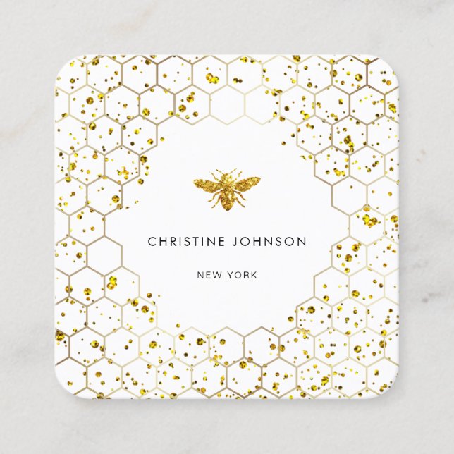hexagons faux glitter bee square business card (Front)