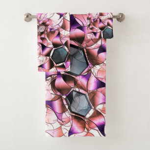 Hexagons surrounded by pinkish petal-like shapes bath towel set