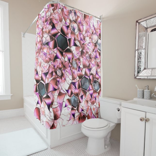 Hexagons surrounded by pinkish petal-like shapes shower curtain (In Situ)