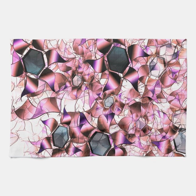 Hexagons surrounded by pinkish petal-like shapes tea towel (Horizontal)