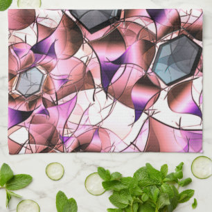 Hexagons surrounded by pinkish petal-like shapes tea towel