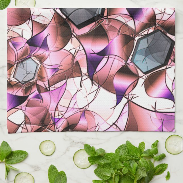 Hexagons surrounded by pinkish petal-like shapes tea towel (Folded)