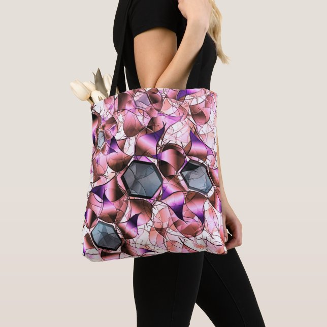Hexagons surrounded by pinkish petal-like shapes tote bag (Close Up)