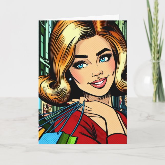 Hey Bestie, Retro Pop Art Comic Shopping Girl Card (Front)