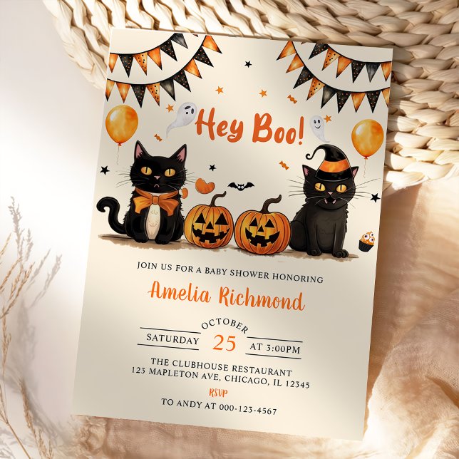 Hey Boo ! Black Cat Halloween Baby Shower Invitation (Creator Uploaded)