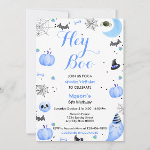 Hey Boo Blue Ghost Halloween Birthday Invitation