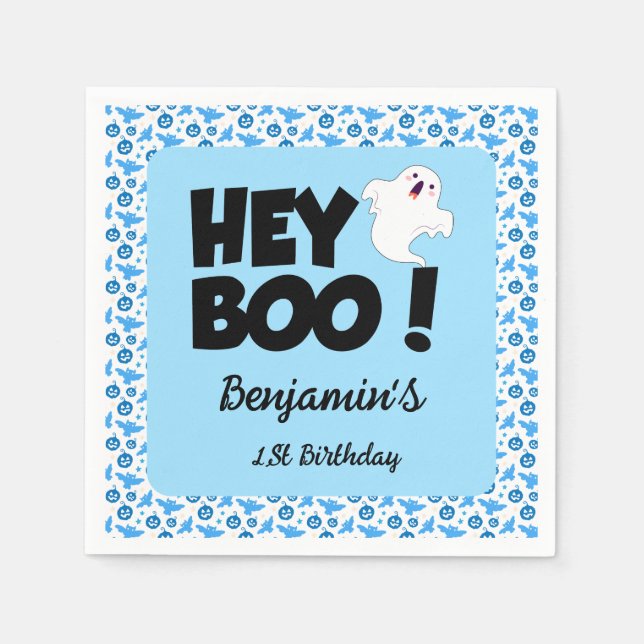 Hey Boo Blue Halloween Ghost Birthday party Napkin (Front)