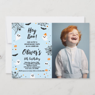 Hey Boo, blue Halloween invitation with photo