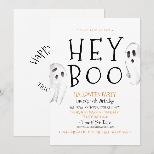 Hey Boo, Cute Ghost Halloween Invitation (Front/Back)