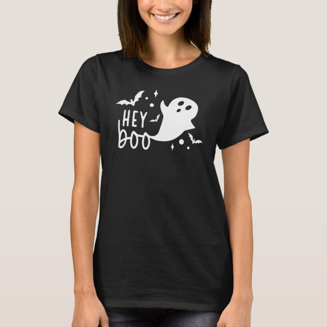 Hey Boo Cute Ghost Spooky Season Pumkin Boo Crew H T-Shirt (Front)