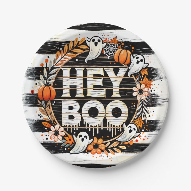 Hey Boo Cute Ghost Themed Halloween Party Favour Paper Plate (Front)