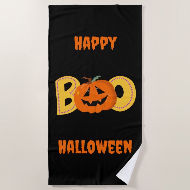 Hey Boo Cute Pumpkin Typography Drawing Art Beach Towel (Front)