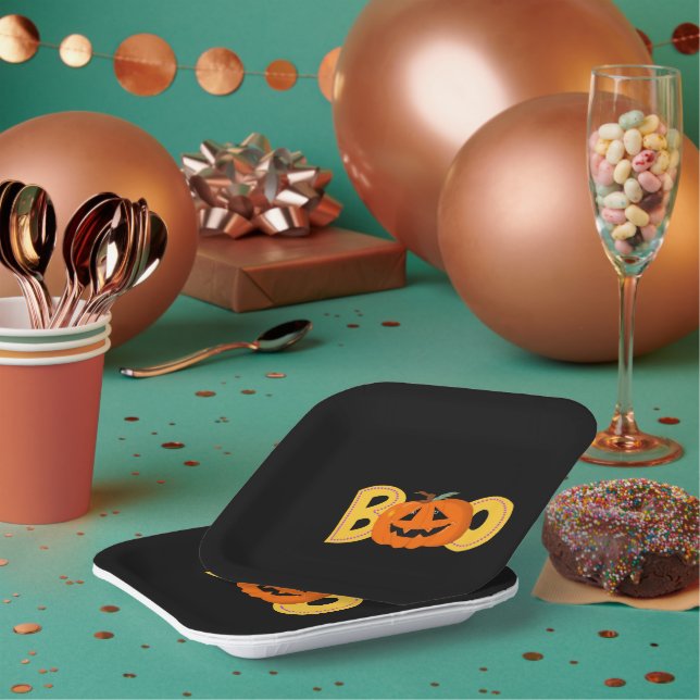 Hey Boo Cute Pumpkin Typography Drawing Art Paper Plate (Multi)
