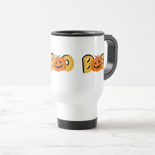 Hey Boo Cute Pumpkin Typography Drawing Art  Travel Mug (Front Right)