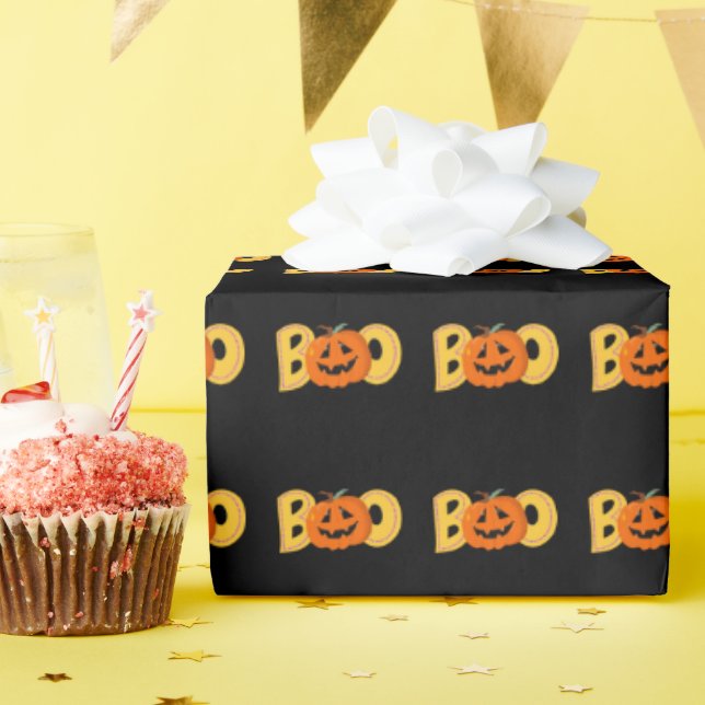 Hey Boo Cute Pumpkin Typography Drawing Art Wrapping Paper (Birthday Party)