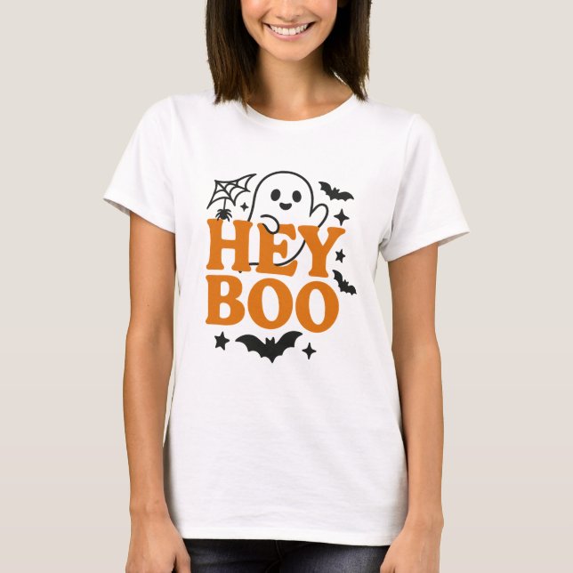 Hey Boo | Funny Orange & Black Ghost Women’s Hallo T-Shirt (Front)