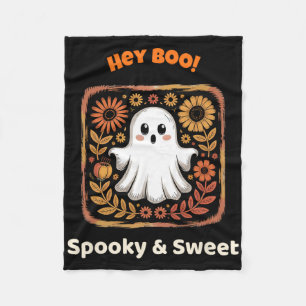 Hey Boo Ghost Retro Halloween Spooky Cute October Fleece Blanket