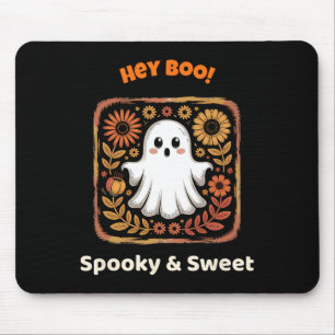 Hey Boo Ghost Retro Halloween Spooky Cute October Mouse Mat