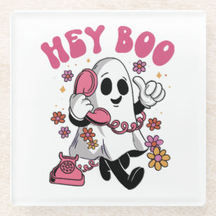 Hey Boo - Groovy Ghost Halloween Glass Coaster