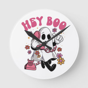 Hey Boo - Groovy Ghost Halloween  Round Clock