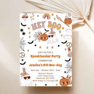 Hey Boo Groovy Halloween Cute Ghost 5th Birthday Invitation