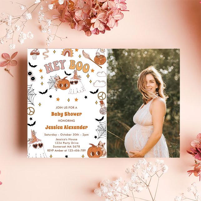 Hey Boo Groovy Halloween Cute Ghost  Baby Shower  Invitation (Creator Uploaded)