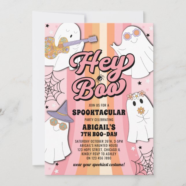 Hey Boo Groovy Retro Pink Halloween Girl Birthday Invitation (Front)